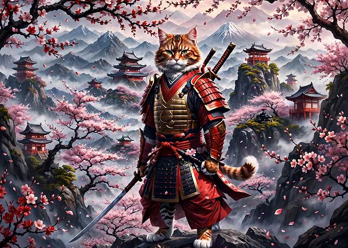 Samurai Cat in Cherry Blossom Landscape