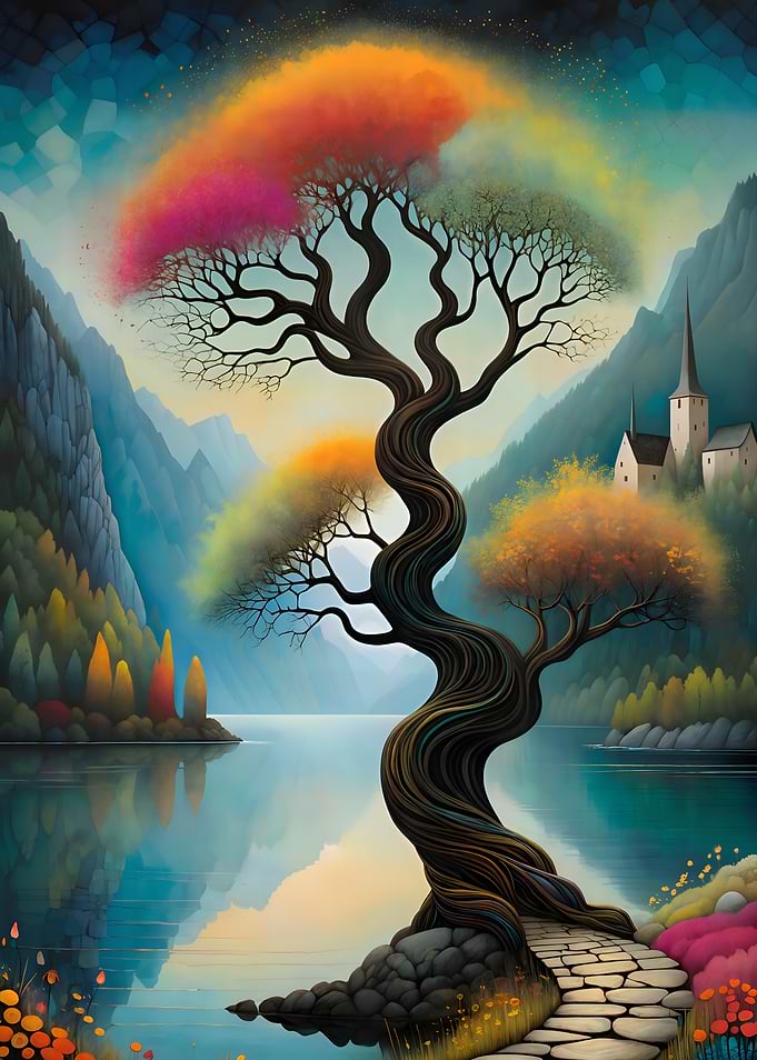 Whimsical Rainbow Tree by the Lake