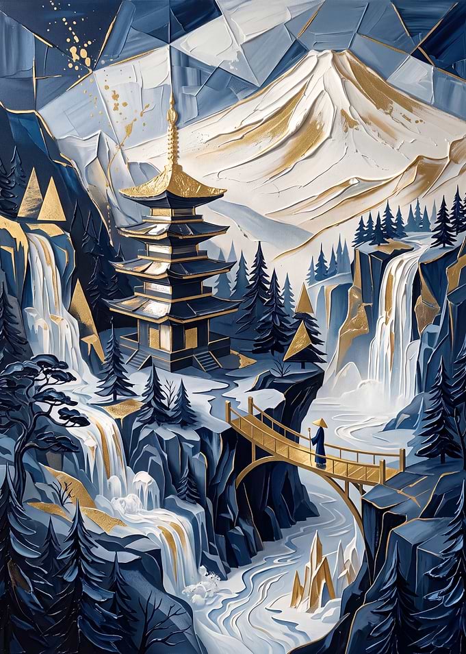 Golden Pagoda in Blue Mountain Landscape
