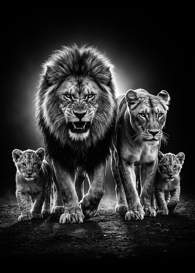 Majestic Lion Family Portrait black and white poster