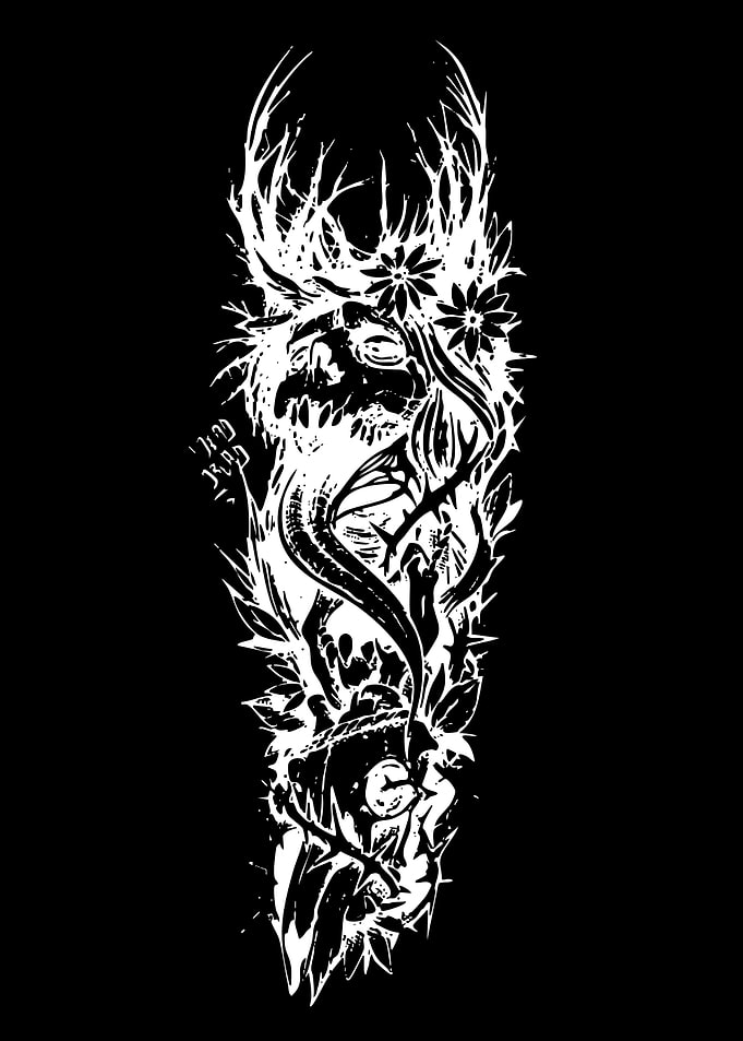 Dark Gothic Skull and Floral Tattoo