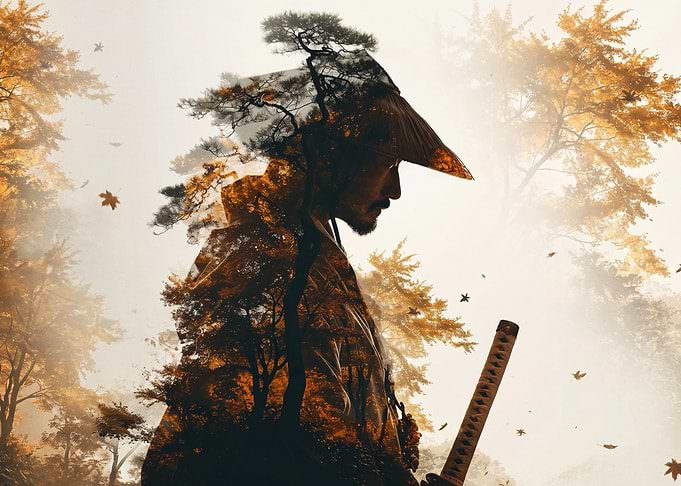 Double Exposure Samurai in Autumn Forest