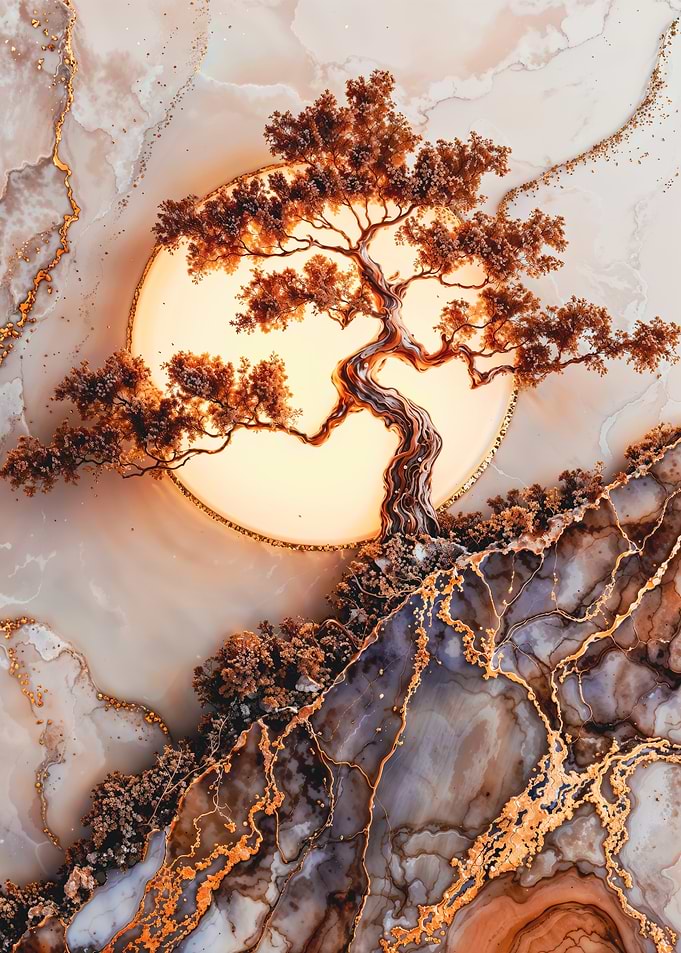 Marble Bonsai Tree with Gold and Sun