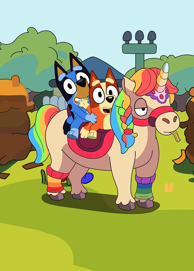 Bluey and Bingo Riding Unicorse