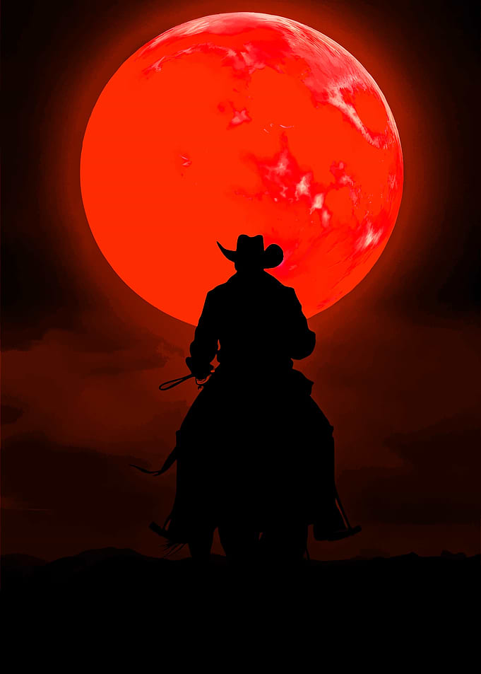 Cowboy Silhouette Against Red Moon
