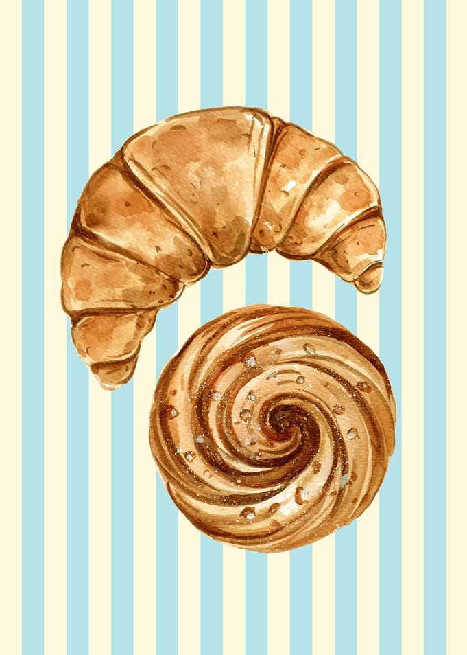 Watercolor Croissant and Cinnamon Roll