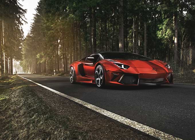 Red Lamborghini Aventador on Forest Road