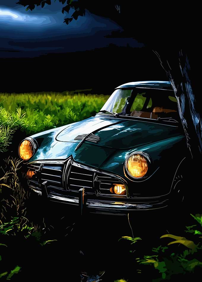 Vintage Car Parked at Night