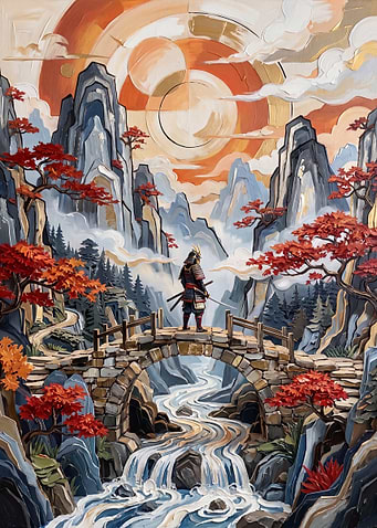 Samurai Standing on Stone Bridge