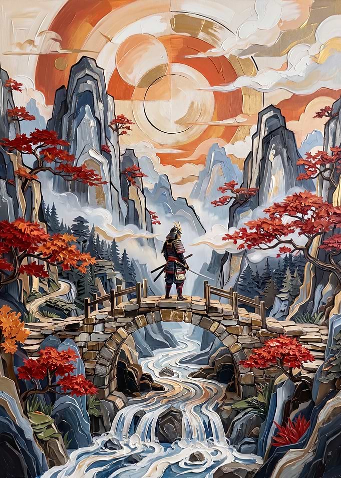 Samurai Standing on Stone Bridge