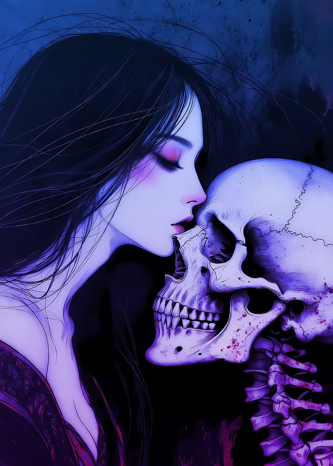 Gothic Woman Kissing a Skull