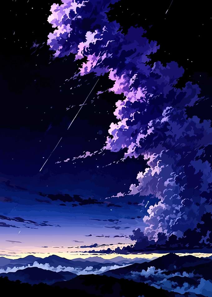 Anime Style Night Sky Over Mountains