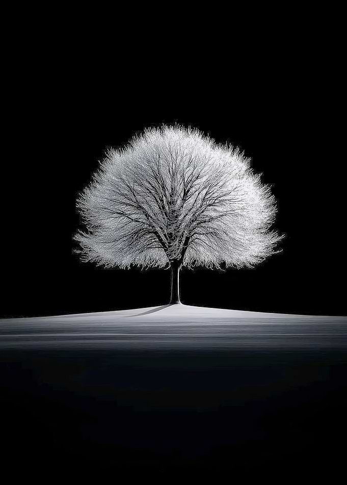 Snow-Covered Tree Against Black Background