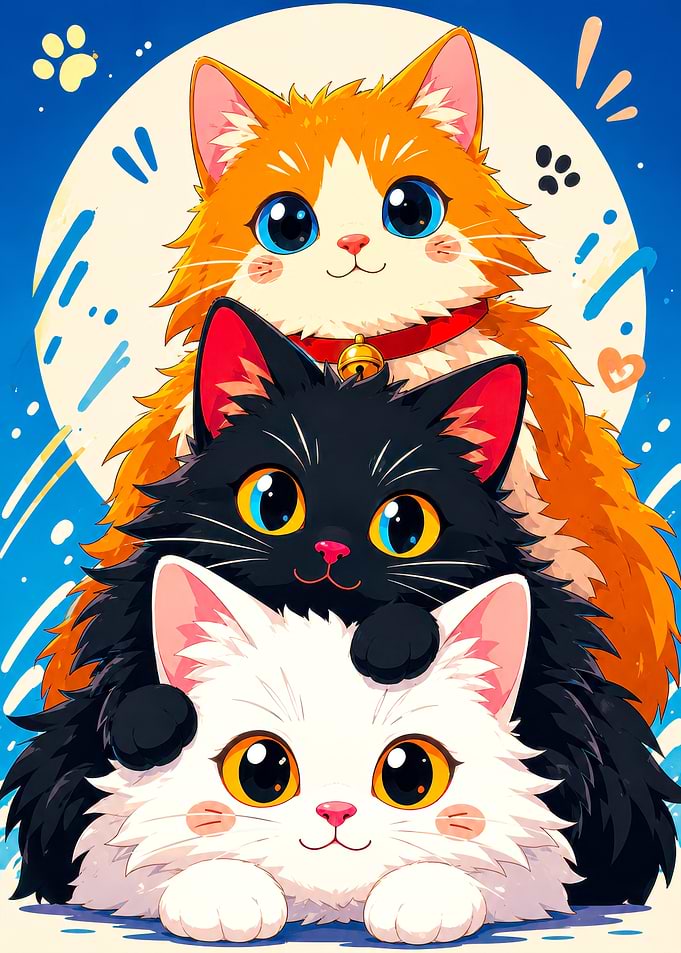 Three Stacked Fluffy Kittens Illustration