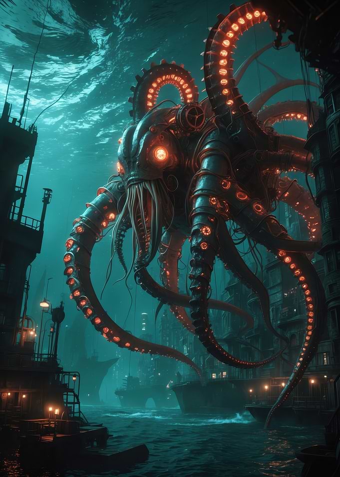 Mechanical Kraken — Steampunk Giant Octopus with Glowing Tentacles (Digital Art Print)