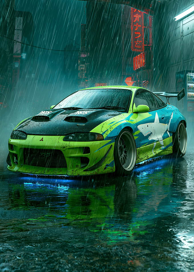 Neon Shark Mitsubishi Eclipse in Rain