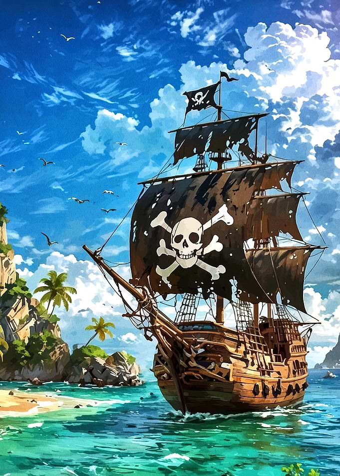 Pirate Ship Sailing Near Tropical Island