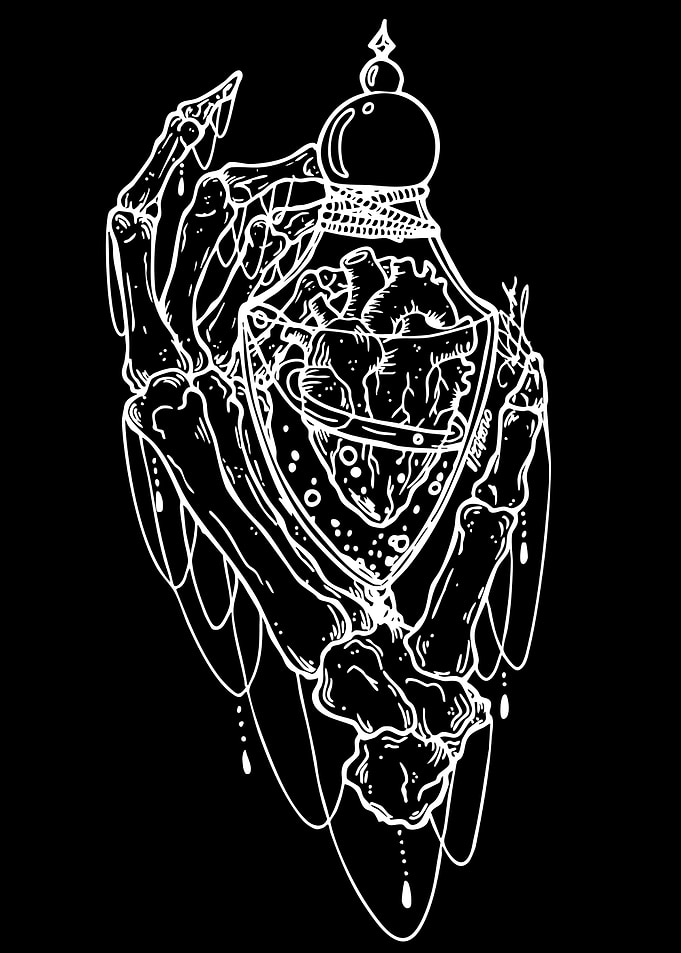 Skeleton Hand Holding Heart Potion