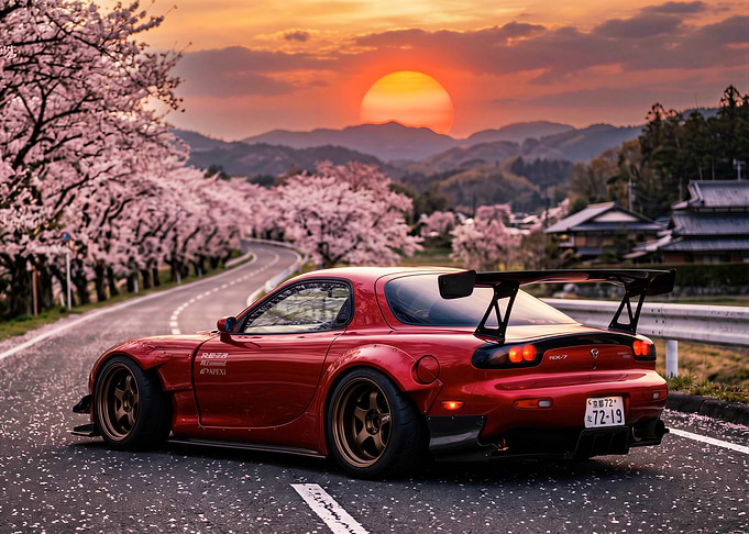 Red Mazda RX-7 in Cherry Blossoms