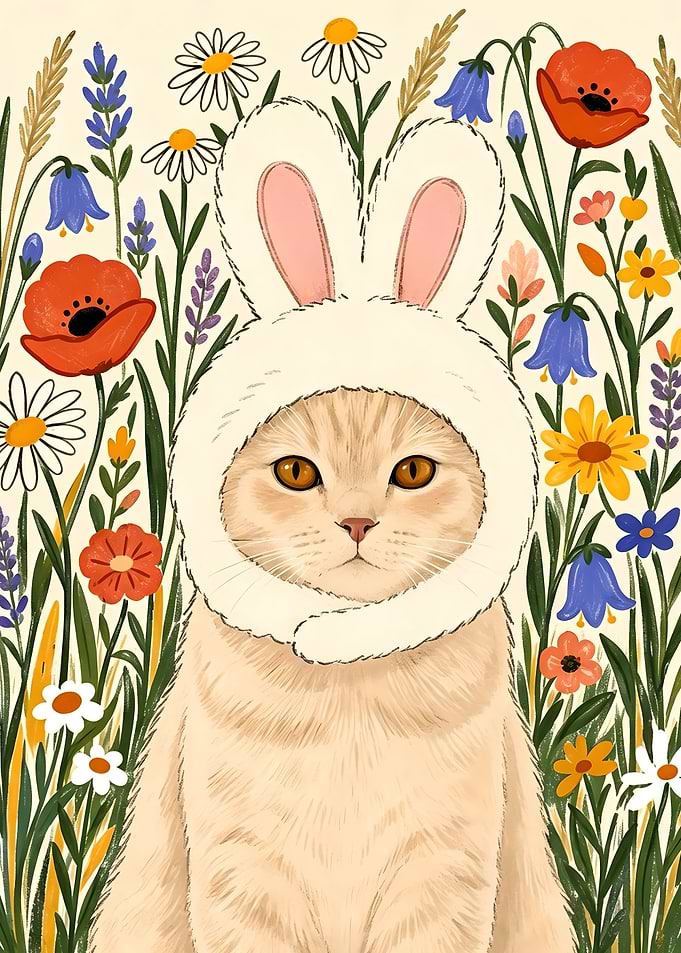 Cat Wearing Bunny Ears in Garden
