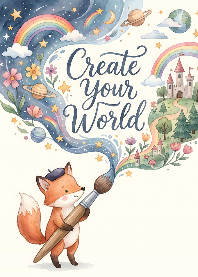 Create Your World Fox Illustration Create Your World Nursery Wall Art | Creative Kids Poster | Whimsical Print