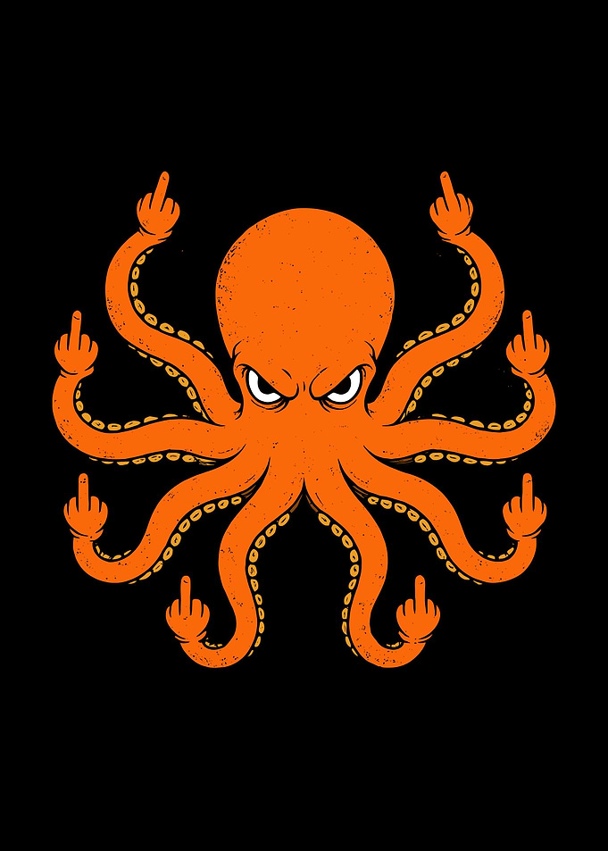Angry Orange Octopus Giving Middle Fingers