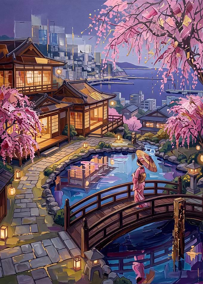 Woman in Kimono by Garden Pond