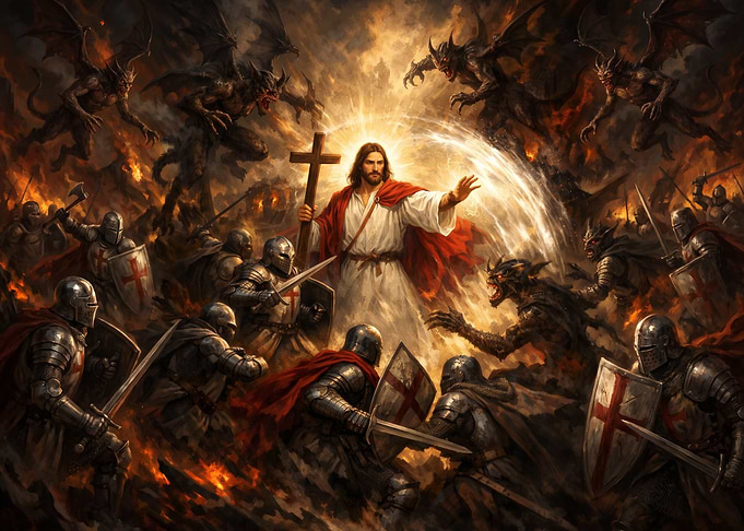 Jesus Leading Knights Against Demons