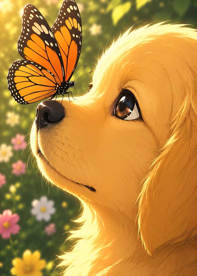 Golden Puppy with Monarch Butterfly