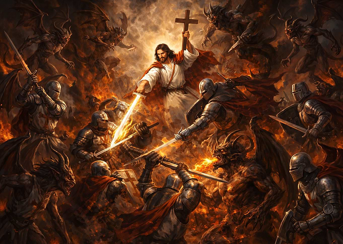 Jesus Leading Knights Against Demons