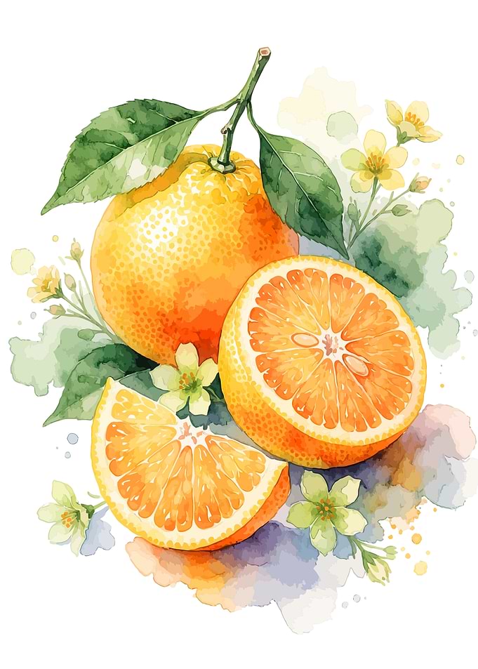Watercolor Orange Fruit and Blossom Illustration