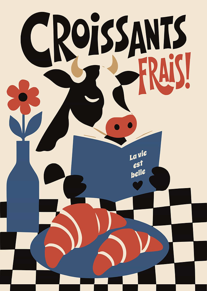 Cute Cow Reading with Croissants Poster