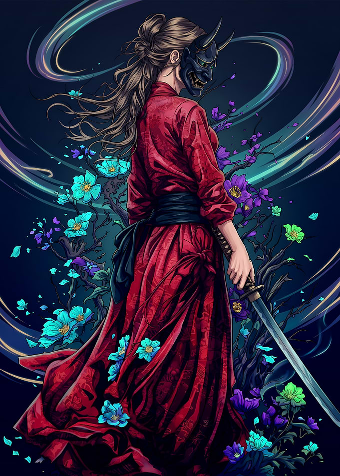 Woman in Red Kimono with Katana