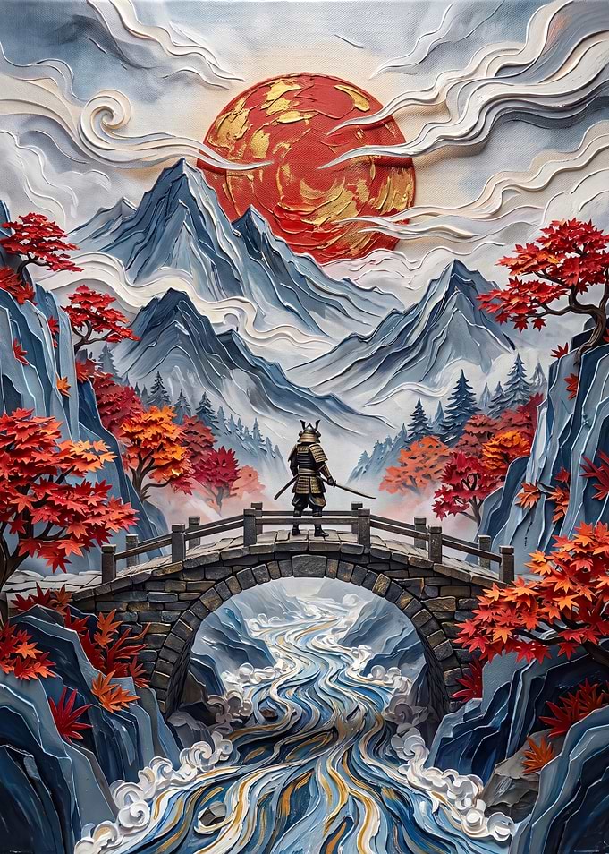 Samurai Standing on Bridge at Sunset