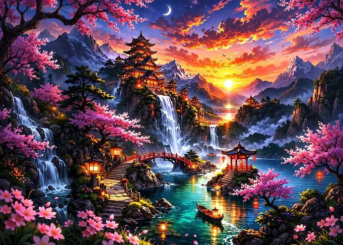 Enchanted Japanese Temple at Sunset