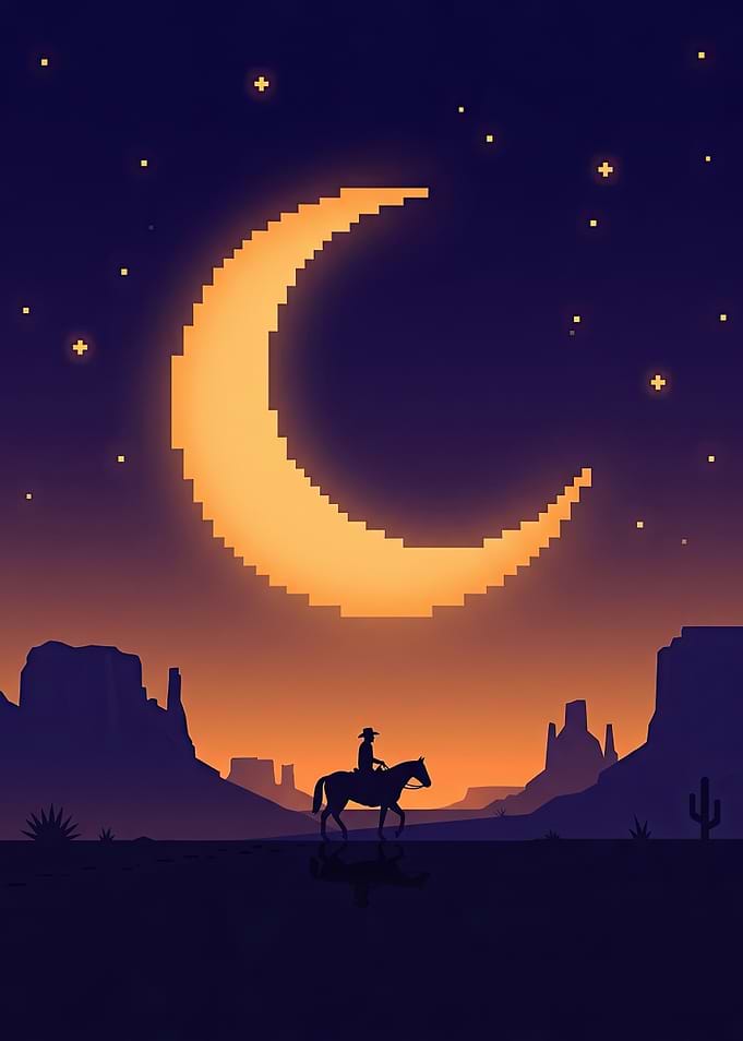 Pixel Art Cowboy Under Crescent Moon