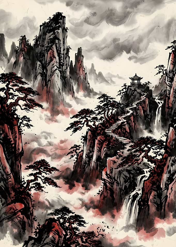 Traditional Chinese Ink Wash Mountain Landscape