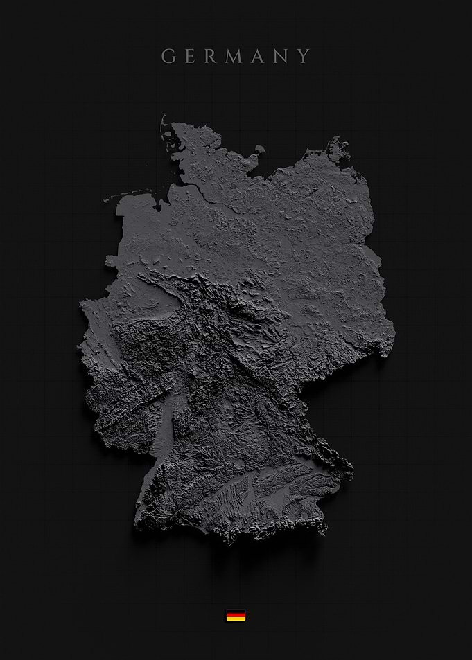 Germany Topographic Map - Dark Shaded Relief, 3D Elevation Poster