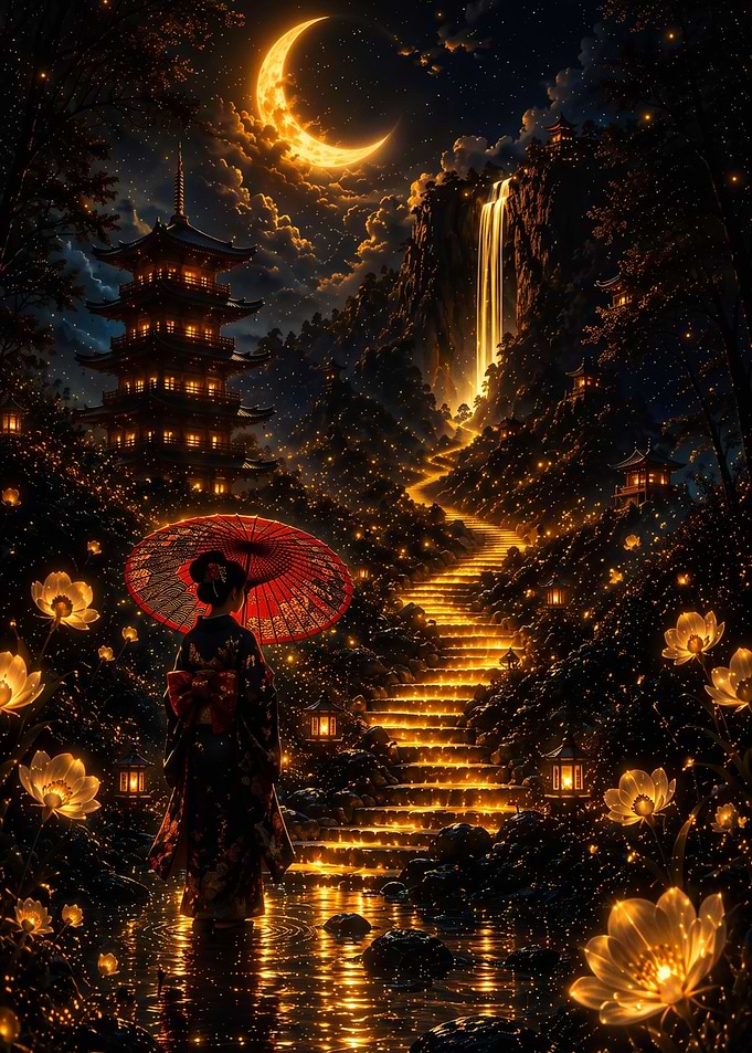 Geisha at Night Under Crescent Moon
