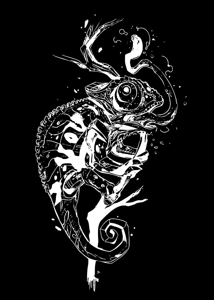 Stylized Black and White Chameleon Illustration