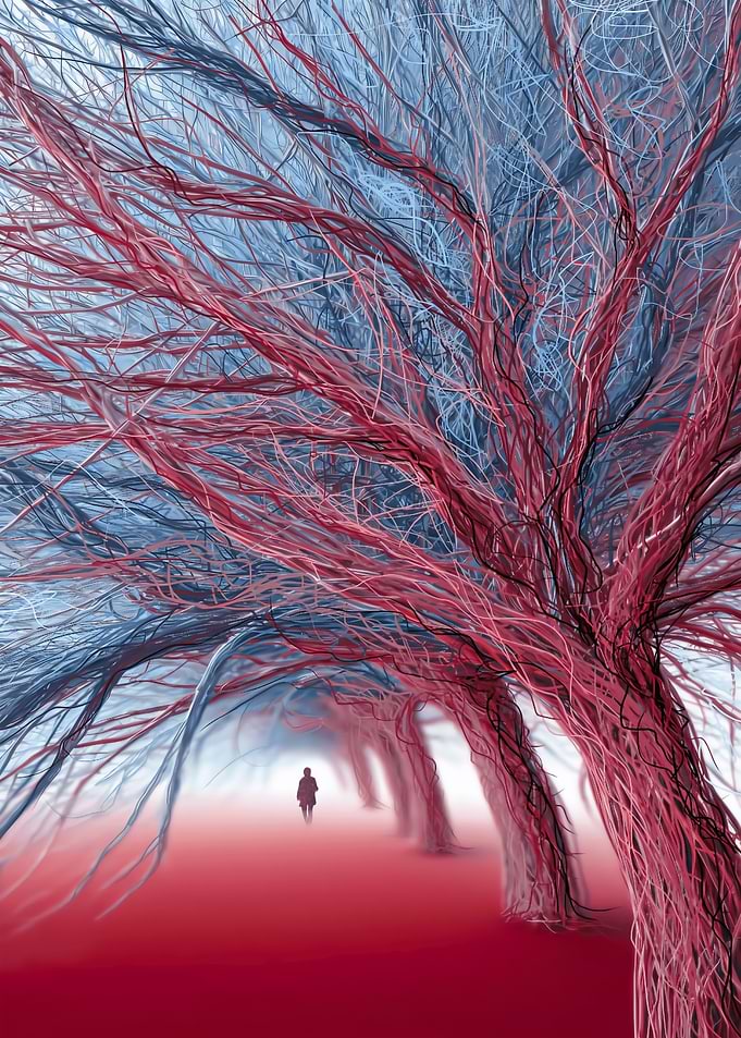 Surreal Red and Blue Forest Path