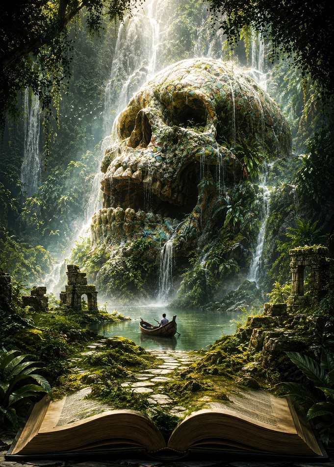 Skull Waterfall Jungle Fantasy Scene