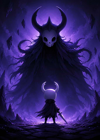 Hollow Knight Facing Shadowy Giant