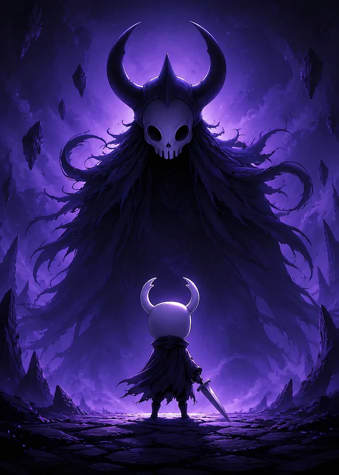 Hollow Knight Facing Shadowy Giant