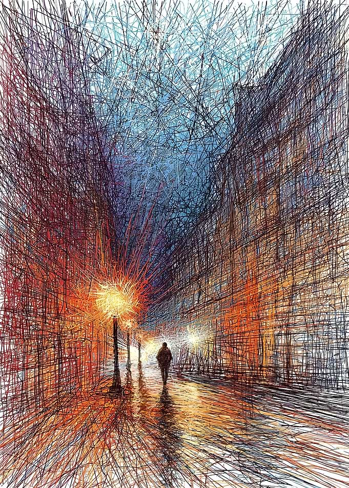 Scribble Art City Street at Night
