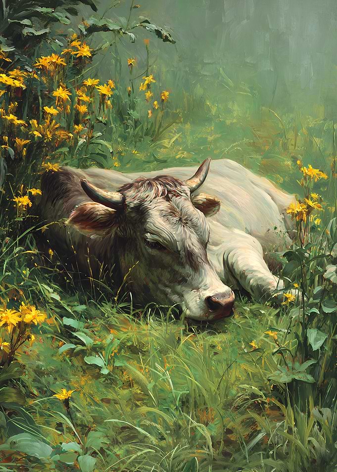 Cow Resting in Wildflower Meadow