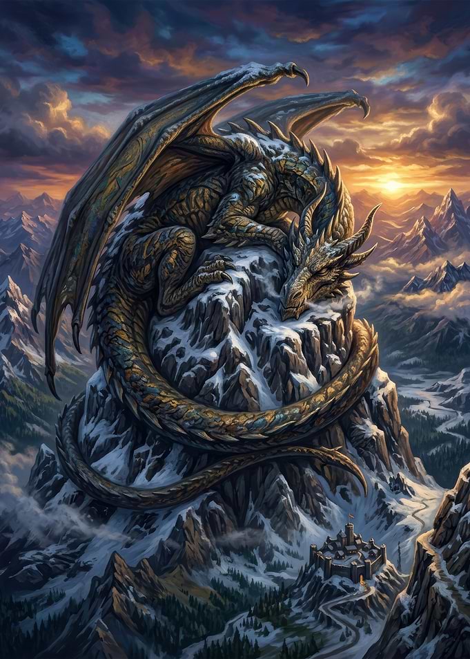 Dragon Resting on Snowy Mountain Peak