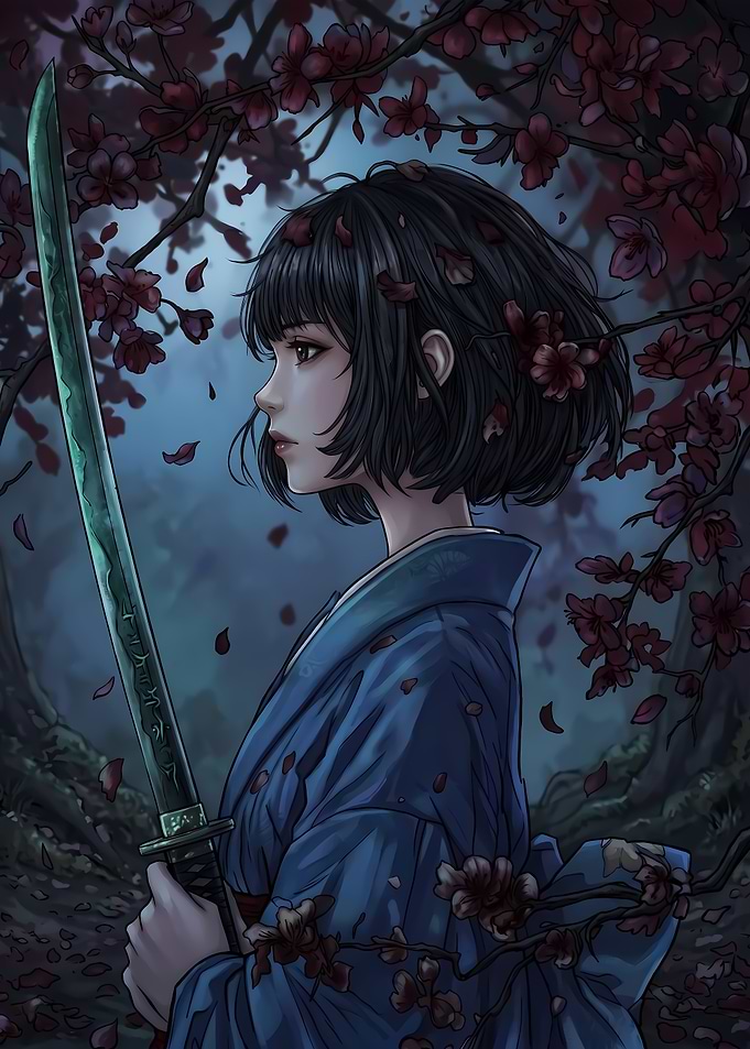 Anime Girl with Katana and Blossoms