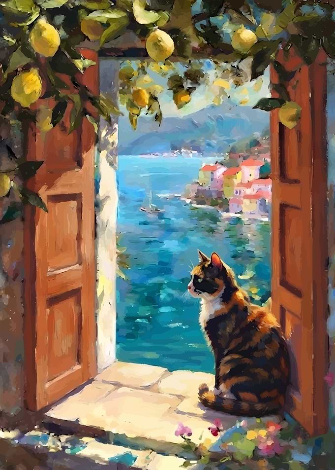 Calico Cat Overlooking Mediterranean Coast