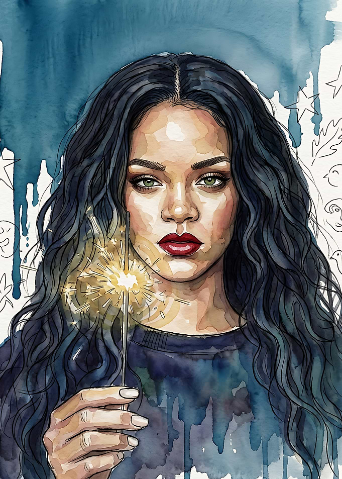 Watercolor Portrait of Rihanna with Sparkler